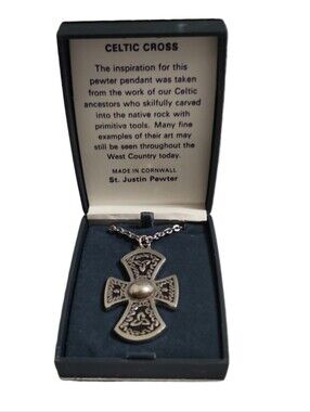 St. Justin Pewter Celtic Cross Pendant Necklace Vintage